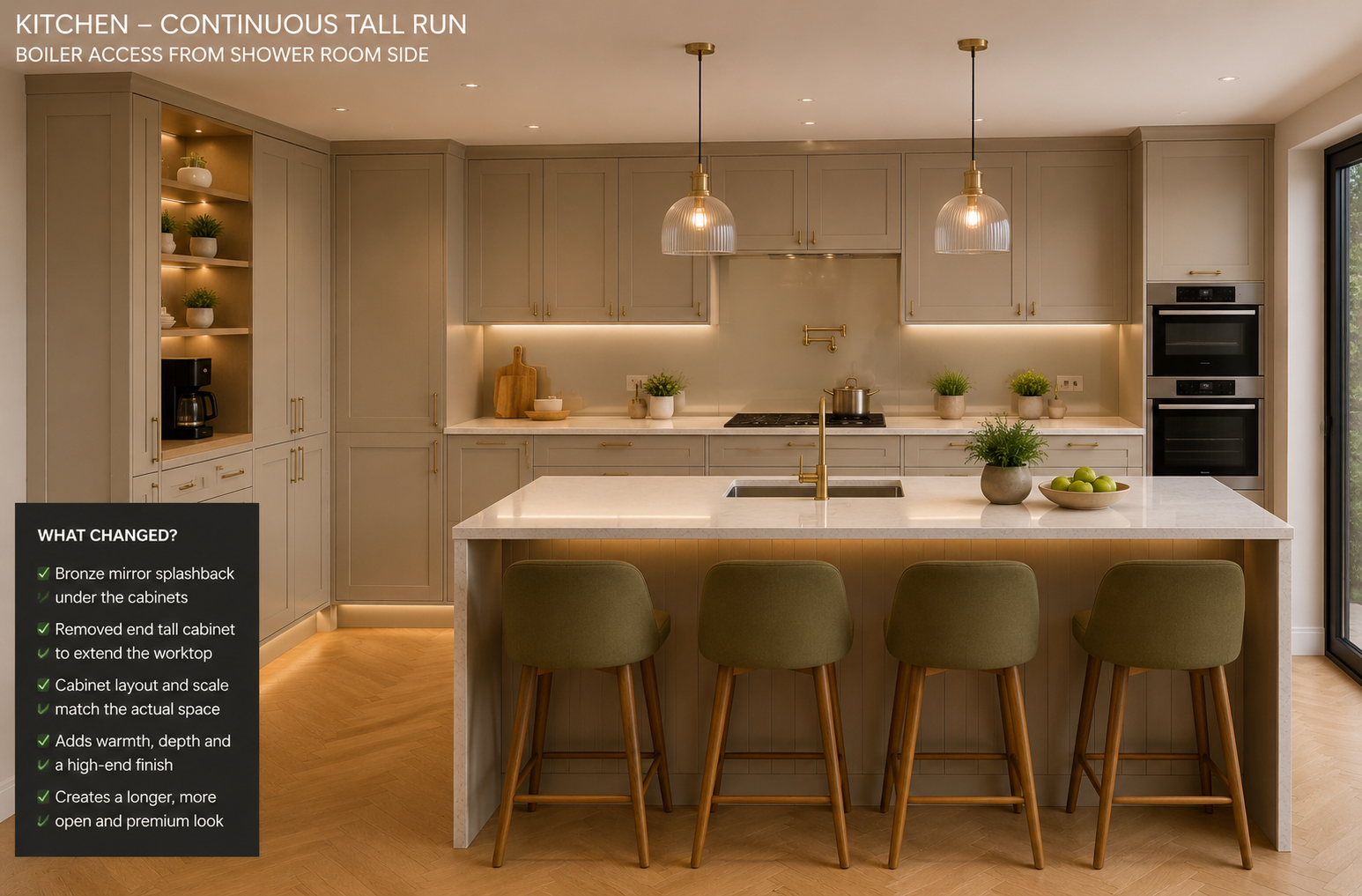 AI-rendered kitchen concept, used to plan the finish before any trade is briefed